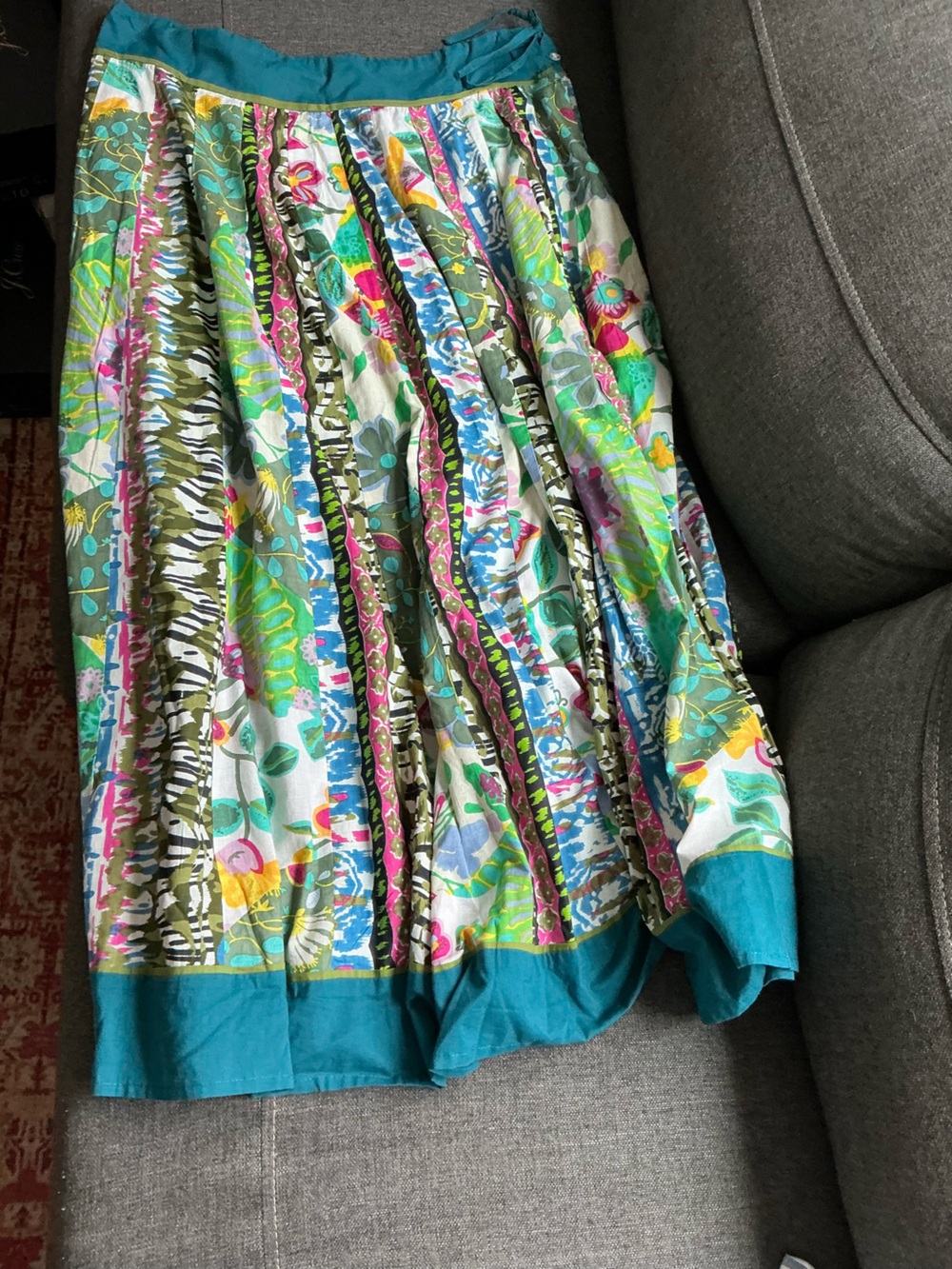 Just Funky Floral Multicolor Pleated Maxi Skirt with Turquoise Trim xl boho indi